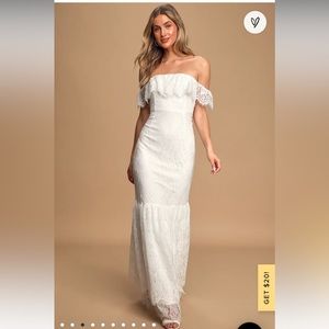 Love is Forever White Lace Off-The-Shoulder Ruffled Maxi Wedding Dress